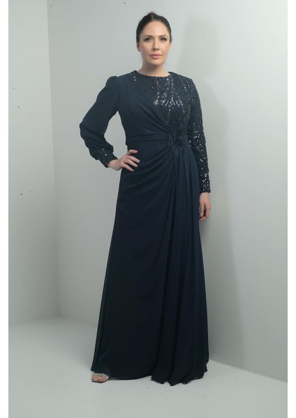 Kadın Üstü Pul-Boncuk Işlemeli Astarlı Beli Çiçekli Büyük Beden Uzun Şifon Elbise modelleri