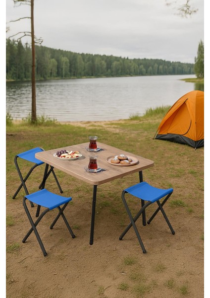45X60 cm Kamp Sehpası + 3 Adet Mavi Tabure Piknik, Bahçe Balkon Sehpası Katlanır Sehpa-A-3m