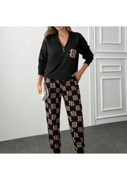 Mdb Kadın Uzun Kollu Iki Iplik Kumaş Fermuar ve Cep Detay Kapüşonlu Ikili Takım