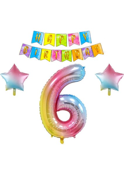 Gökkuşağı Konsepti 6 Yaş Doğum Günü Parti Kutlama Seti; Rakam ve Yıldız Folyo, Banner
