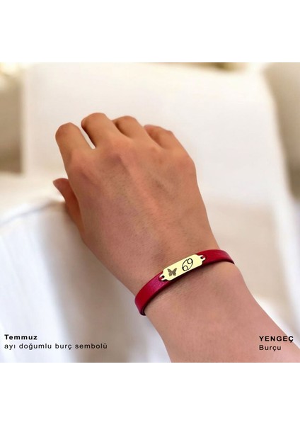 Altın Plakalı 14 Ayar Temmuz Ayı Doğumlarına Kelebek Motifli Kırmızı Derili Hediye BILEKLIK-652AY