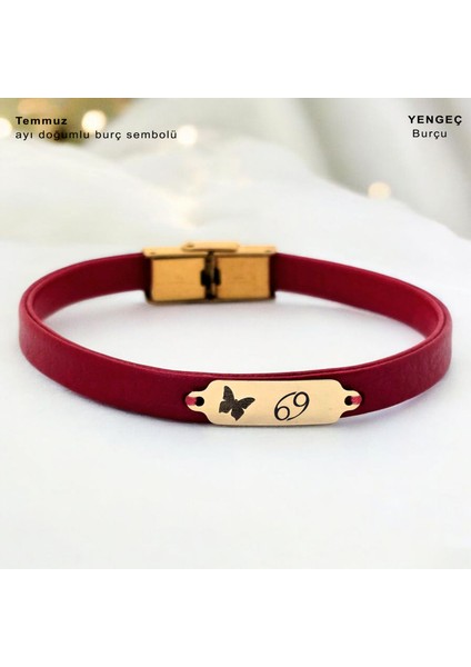Altın Plakalı 14 Ayar Temmuz Ayı Doğumlarına Kelebek Motifli Kırmızı Derili Hediye BILEKLIK-652AY fiyatları