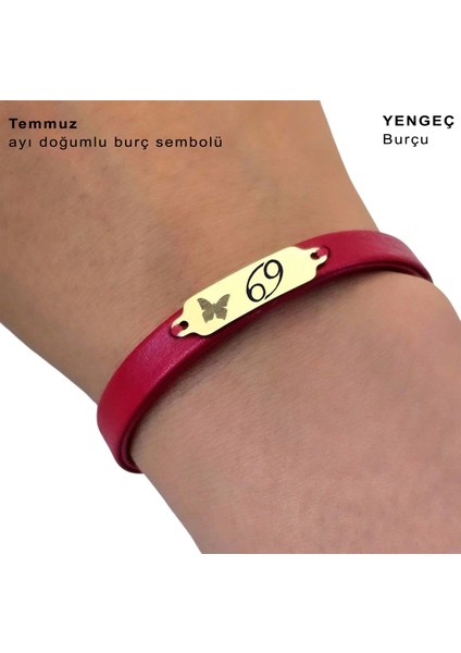 Altın Plakalı 14 Ayar Temmuz Ayı Doğumlarına Kelebek Motifli Kırmızı Derili Hediye BILEKLIK-652AY fırsatları