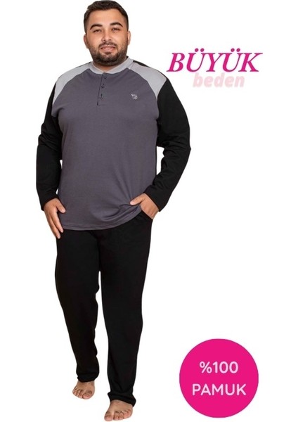 Erkek Büyük Battal Beden Desenli 3 Düğmeli %100 Pamuk Mevsimlik Uzun Kollu Cepli Pijama Takımı