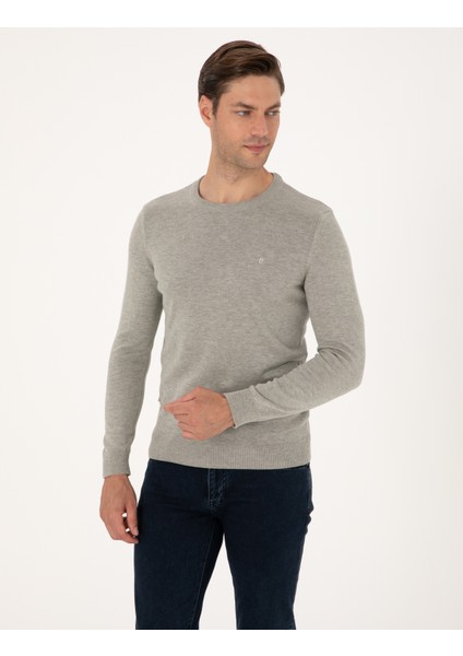 Erkek Açık Gri Melanj Slim Fit Bisiklet Yaka Basic Triko Kazak 50315509-VR091 modelleri