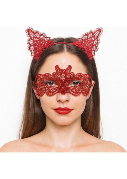 Ateş Kırmızısı Dantel Taç ve Maske Seti 10 No