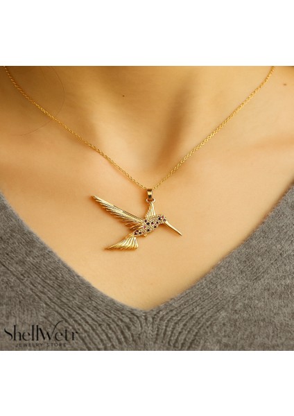 Arı Kuşu Detaylı Parlak Taşlı Kadın Çelik Kolye Yeniden Doğuşu Temsilini Boynunuzda Şık Görünümle Taçlansın