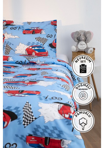 Araba Desen Tek Kişilik Nevresim Seti - Mavi