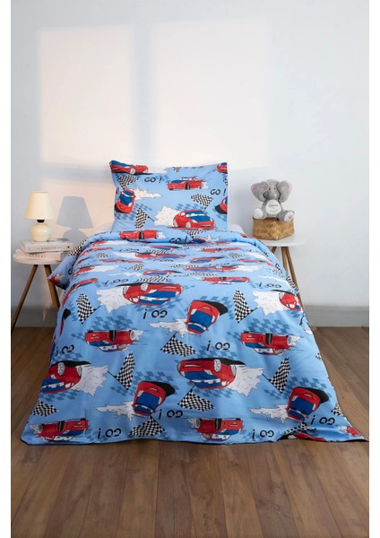 Araba Desen Tek Kişilik Nevresim Seti - Mavi