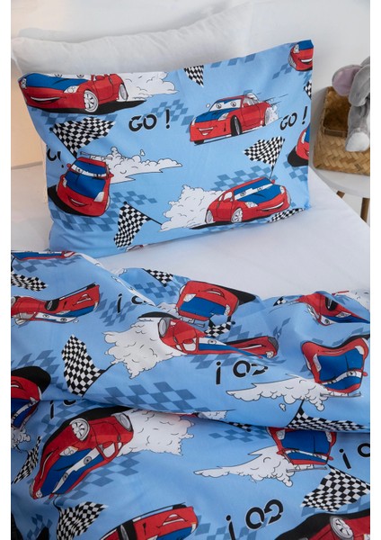 Araba Desen Tek Kişilik Nevresim Seti - Mavi