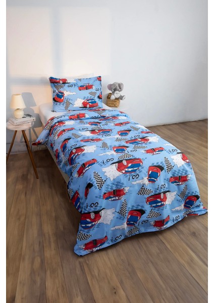 Araba Desen Tek Kişilik Nevresim Seti - Mavi