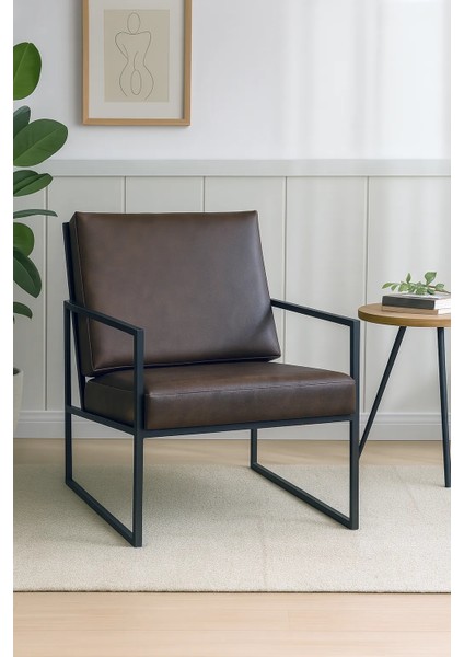 - Iskandinav Tekli Koltuk Modern Berjer - Deri Kumaş - Metal Iskelet - Acı Kahve