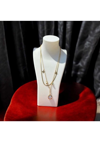 Çift Zincir Yonca Uçlu Çelik Kolye