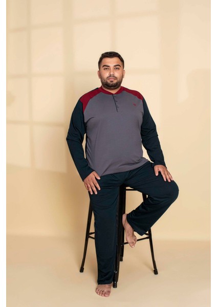 Erkek Büyük Battal Beden Desenli 3 Düğmeli %100 Pamuk Mevsimlik Uzun Kollu Cepli Pijama Takımı modelleri