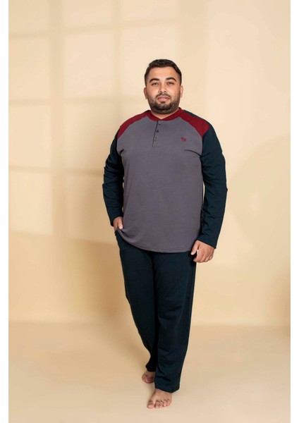 Erkek Büyük Battal Beden Desenli 3 Düğmeli %100 Pamuk Mevsimlik Uzun Kollu Cepli Pijama Takımı fırsatları