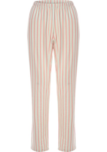 Kadın Pamuklu Kaşkorse Üst Etiket Detaylı Çizgili Pijama Takımı modelleri