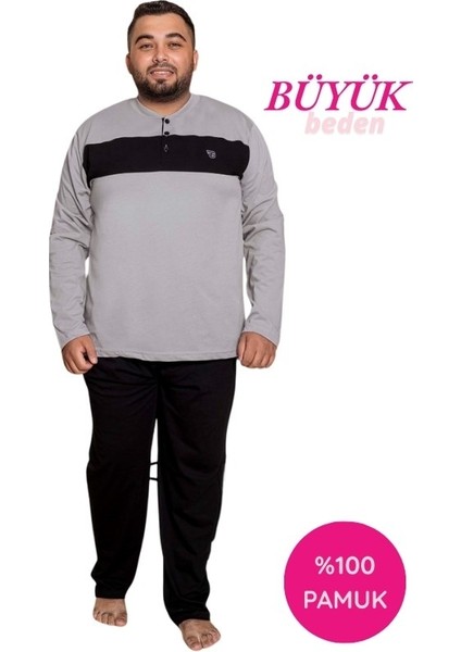 Erkek Büyük Battal Beden Desenli 3 Düğmeli %100 Pamuk Mevsimlik Uzun Kollu Cepli Pijama Takımı