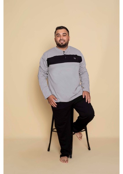 Erkek Büyük Battal Beden Desenli 3 Düğmeli %100 Pamuk Mevsimlik Uzun Kollu Cepli Pijama Takımı modelleri