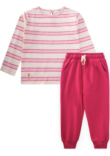 Çizgili Uzun Kollu T-Shırt Takım 2-12 Yaş Fuşya Pembe Çizgili