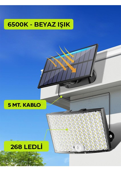 HL-5177 268 Ledli Solar Projektör 60W Güneş Enerjili Hareket Sensörlü LED Projektör - Beyaz Işık