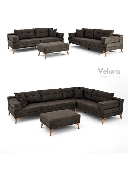 Zeri Yataklı Puzzle Modüler Köşe Koltuk Takımı & Puflu Köşe Takımı - Koyu Kahve