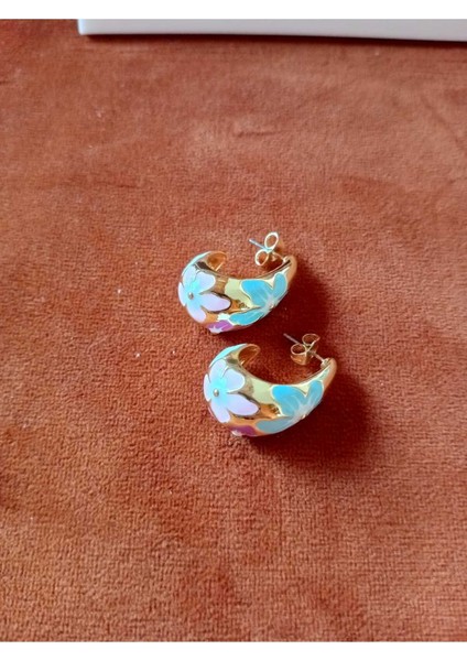 Renkli Çiçek Detay Çelik Küpe