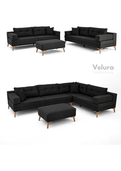 Zeri Yataklı Puzzle Modüler Köşe Koltuk Takımı & Puflu Köşe Takımı - Siyah