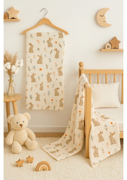 Pamuk Tavşanlı Müslin'den Çok Amaçlı Örtü (80X100 Ölçülerinde)