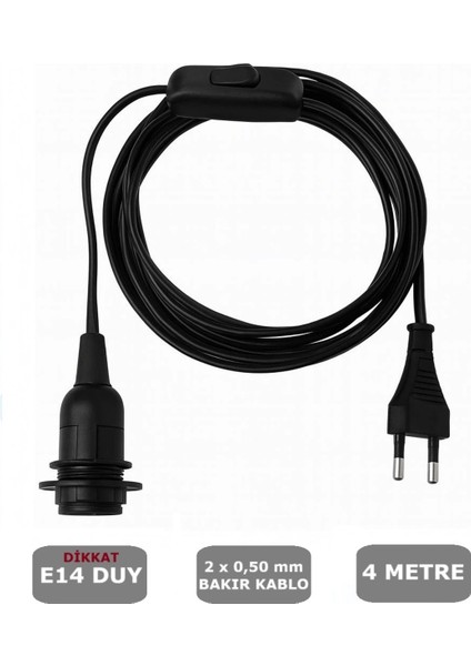 E14 Duylu 4 Metre Arapuarlı (AÇ KAPAT ANAHTAR) Fişli Seyyar (2X0,50) (SİYAH)