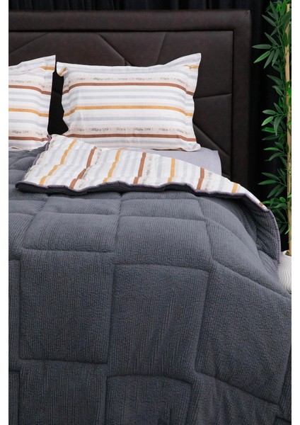 Oso Blanco Sherpa Çift Kişilik Comforter Uyku Seti - Antrasit