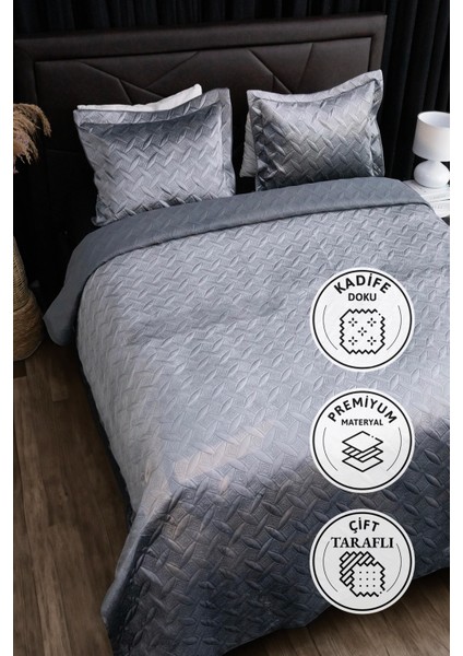 Queen Kadife Çift Kişilik Yatak Örtüsü - Antrasit