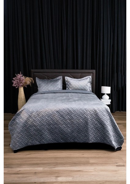 Queen Kadife Çift Kişilik Yatak Örtüsü - Antrasit