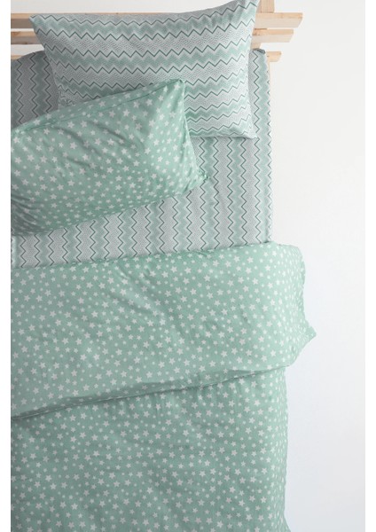 Star Lastikli Çarşaflı Pamuklu Tek Kişilik Nevresim - Yeşil