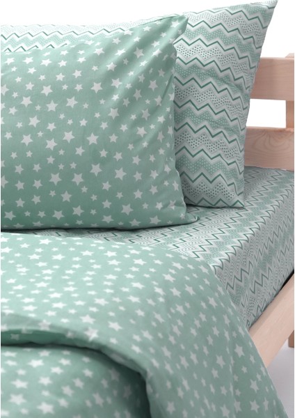 Star Lastikli Çarşaflı Pamuklu Tek Kişilik Nevresim - Yeşil