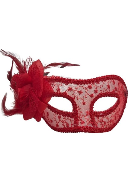 Kırmızı Dantel Işlemeli Güllü Tüylü Wedding Arkadan Bağlamalı Balo Maskesi 1 Adet Bride Hallow