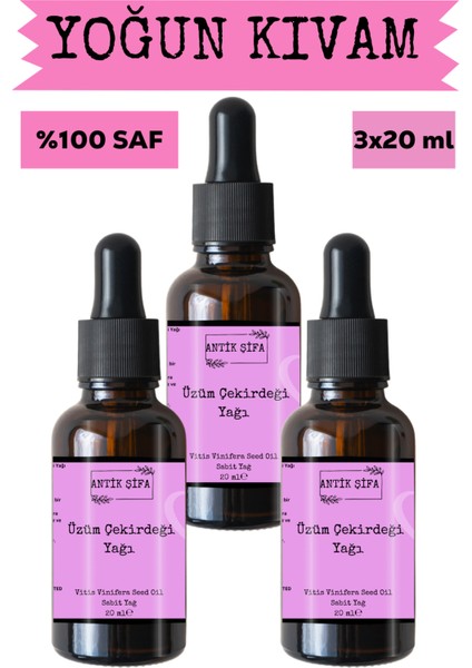 Üzüm Çekirdeği Yağı (3 x 20 ML)-%100 Seyreltilmemiş, Doğal Soğuk Sıkım Sabit Yağ