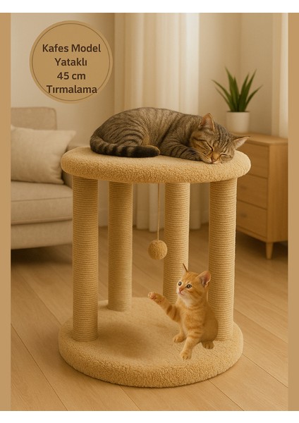 Kafesli Tasarım Model/ Üst Kat Yataklı / Genişlik 45 cm Kedi Tırmalama Tahtası / 4 Adet Tırmalama Rulosu – Dayanıklı Jüt Ip, Konforlu Yatak ve Oyun Alanlı Kedi Tırmalama Tahtası