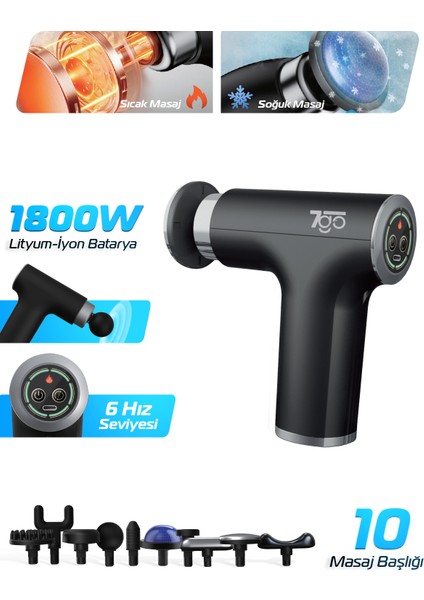 7gmg2 Sıcak & Soğuk Başlıklı Masaj Tabancası – 10 Başlık, 6 Kademeli, 1800MAH Lityum-Iyon Pil