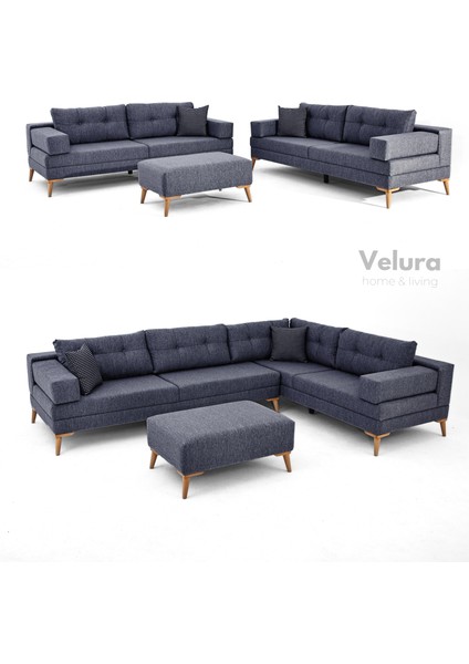 Zeri Yataklı Puzzle Modüler Köşe Koltuk Takımı & Puflu Köşe Takımı - Koyu Mavi