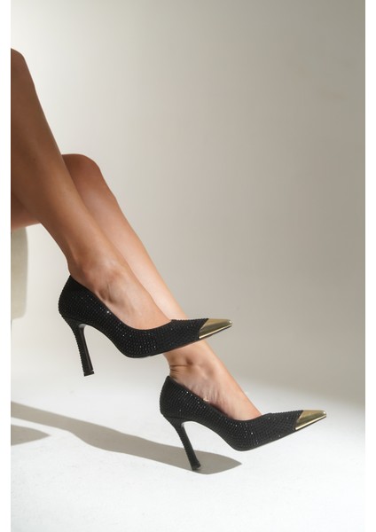 Olivia Taşlı Sivri Metal Burunlu Orta Topuklu Saten Abiye Stiletto