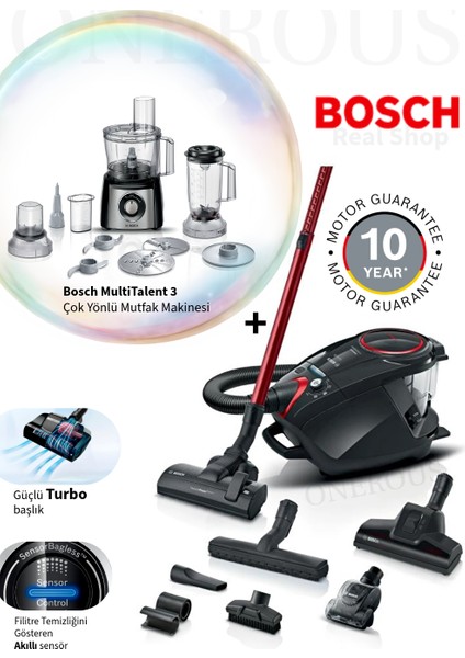 Serie 8 Akıllı Filitreli Turbo Başlık Güçlü Motor, Toz Torbasız Süpürge +Bosch Mutfak Robotu Multitalent 3 800 W