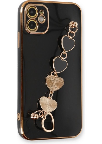 Apple iPhone 12 Elegant Charm Case (Kalpli Zincirli Kılıf) Elegant Silicone Cover - Siyah