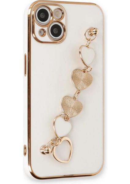 Apple iPhone 14 Plus Elegant Charm Case (Kalpli Zincirli Kılıf) Elegant Silicone Cover - Beyaz