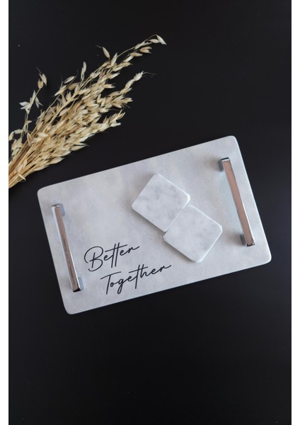 Better Together Gerçek Mermer Söz/Nişan Tepsisi + 2 Adet Çıkarılabilir Yüzüklük - Gümüş Kulp modelleri