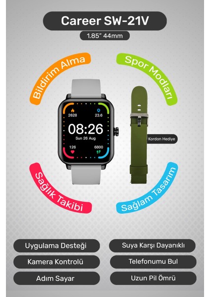 Career Akıllı Saat Bildirim,kalp Atış,uyku Takibi,spor,sağlık, Ios&android Uyumlu 44MM IP67 Uzun Pil Ömrü Türkçe Menü SW-21V