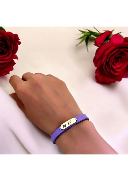 14 Ayar Plakalı Altın C Harfine Özel Doğal Mor Derili Kelebek Figürlü Hediye BILEKLIK-653HARF