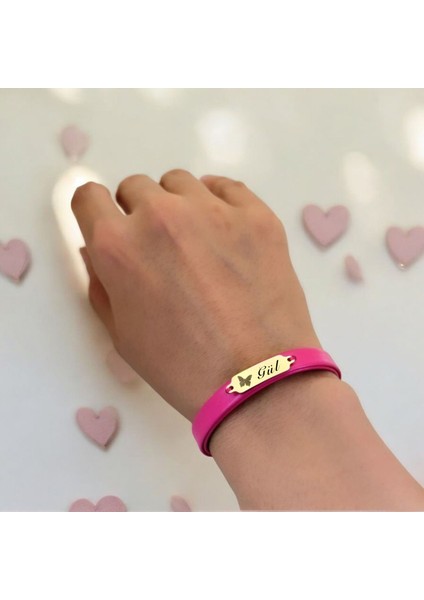 Altın Plakalı 14 Ayar Gül Ismine Özel Doğal Pembe Derili Kelebek Figürlü Hediye BILEKLIK-651ISIM