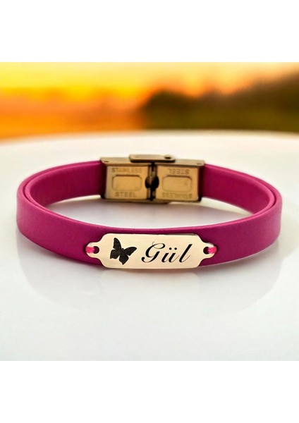 Altın Plakalı 14 Ayar Gül Ismine Özel Doğal Pembe Derili Kelebek Figürlü Hediye BILEKLIK-651ISIM fiyatları