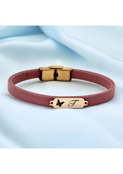 14 Ayar Plakalı Altın T Harfine Özel Koyu Pembe Derili Kelebek Motifli Hediye BILEKLIK-654HARF fiyatları