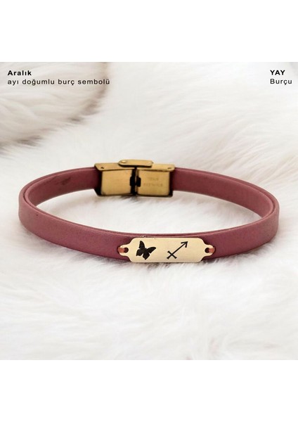 Altın Plakalı 14 Ayar Aralık Ayı Doğumlarına Koyu Pembe Derili Kelebek Motifli Hediye BILEKLIK-654AY fiyatları